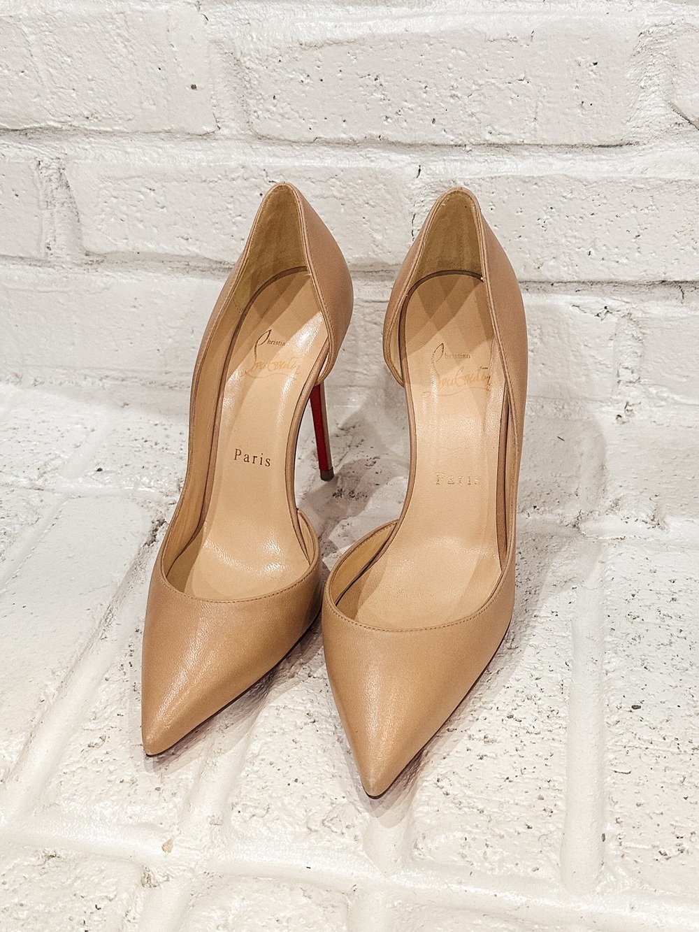 Christian Louboutin Iriza, Blush, Nude Leather Pointed-Toe Pumps with Red Soles